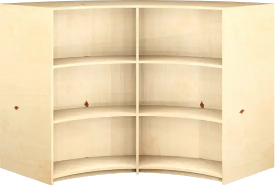 Boekenkast kwart rond, met schappen aan beide zijdes, op plint