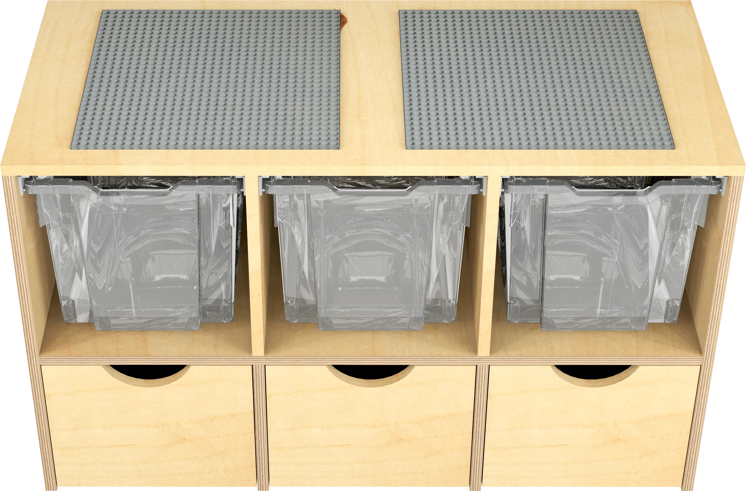 bouwkast met 3 lades en 3 rolbakken en 2 legoplaten op bovenzijde