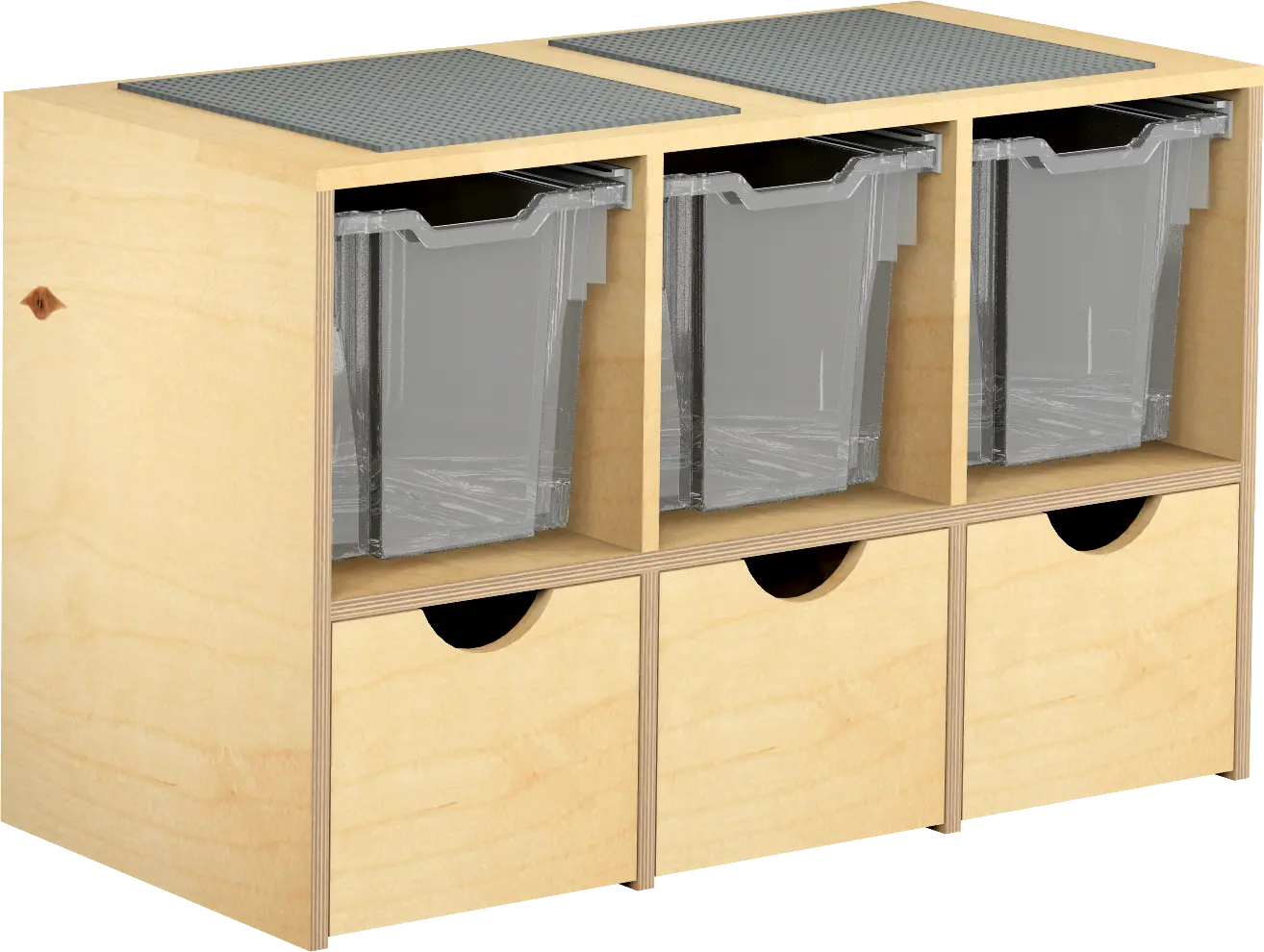 bouwkast met 3 lades en 3 rolbakken en 2 legoplaten op bovenzijde