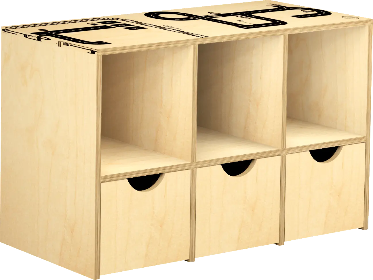 bouwkast met 3 vakken en 3 rolbakken en autobaanprint op bovenzijde