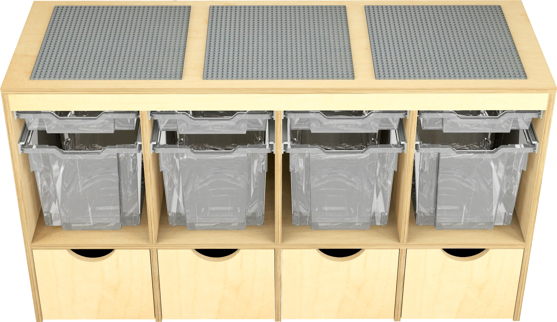 bouwkast met 8 lades en 4 bakken en legoplaten