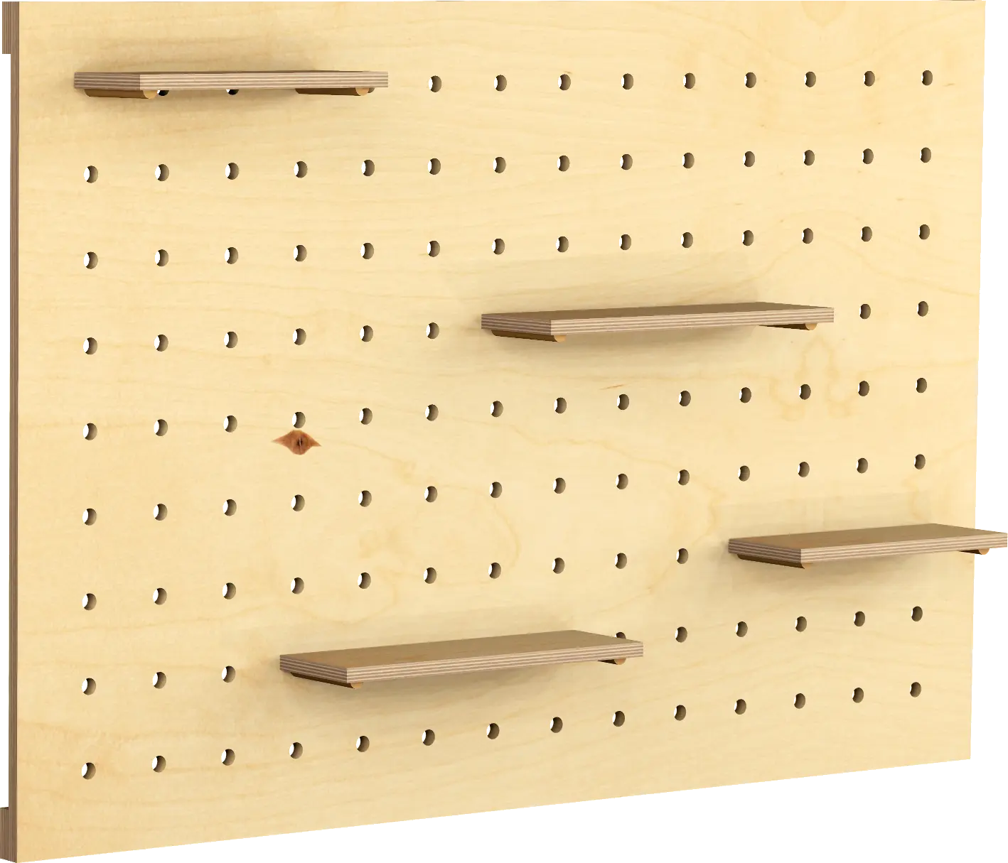 pegboard met stokken en schappen
