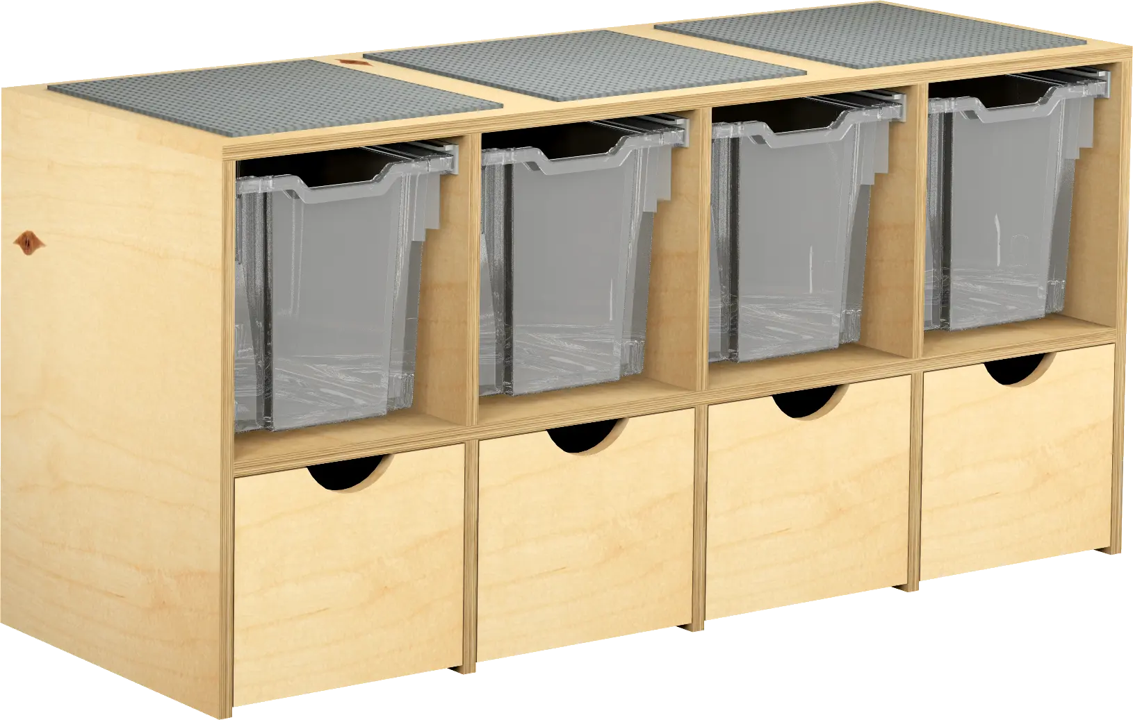 bouwkast met 4 lades en 4 rolbakken en legoplaten