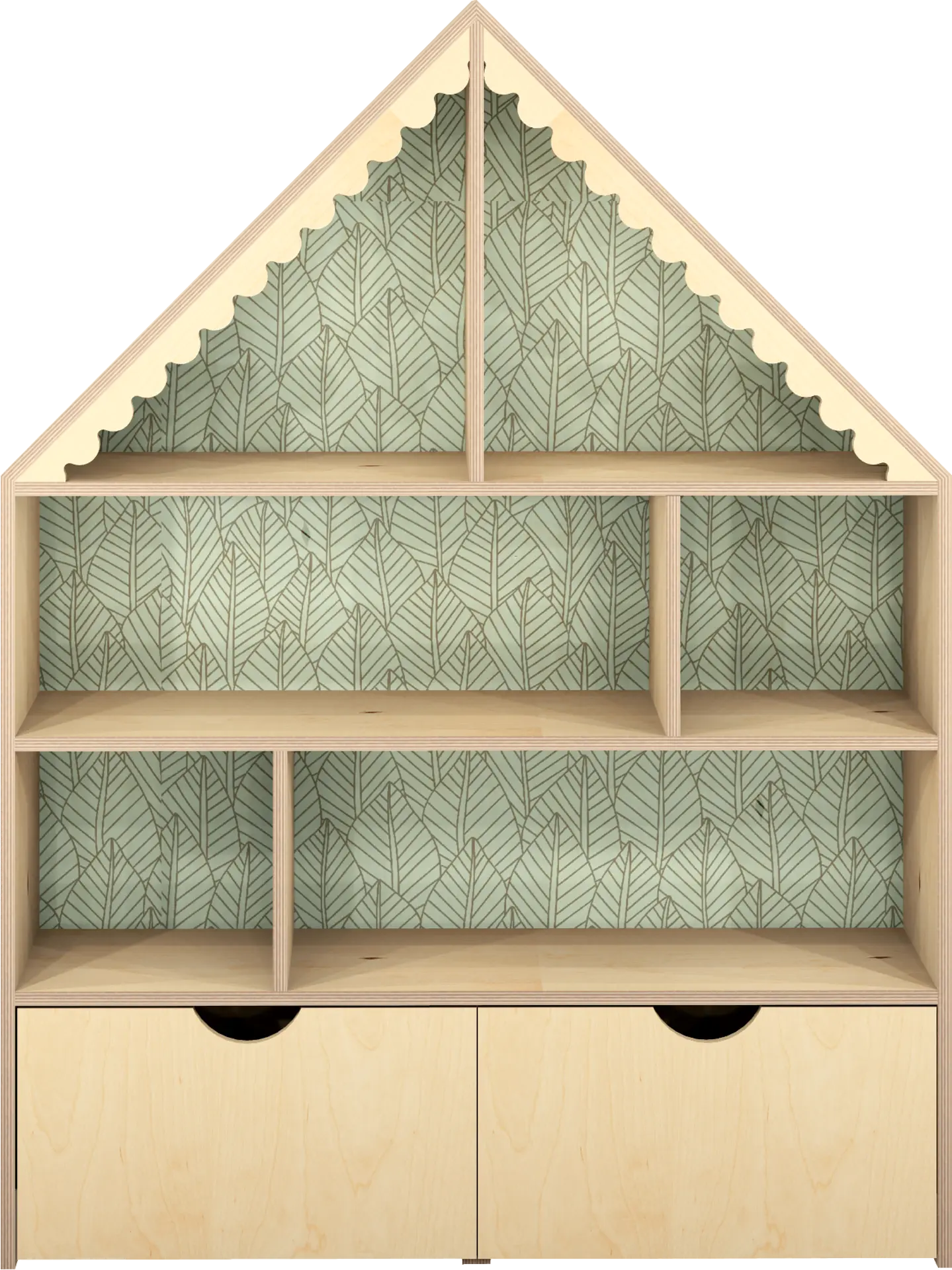 Poppenhuis met brocante rand en bakken, print op achterwand